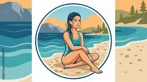 Young woman in swimsuit sitting on beach enjoying summer vacation.