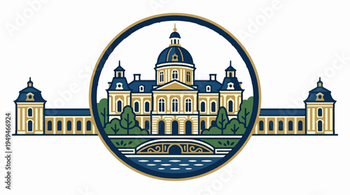 Grand European Palace with Dome and Symmetrical Wings Reflected in Water.