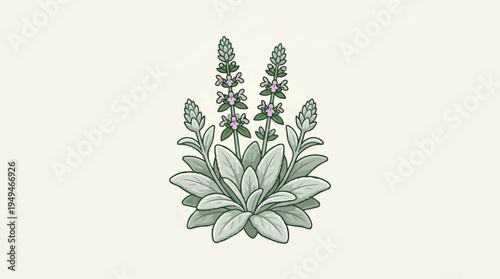 Botanical illustration of a flowering plant with broad leaves and tall flower spikes.