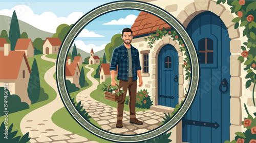 Smiling man in plaid shirt holding a basket of flowers.