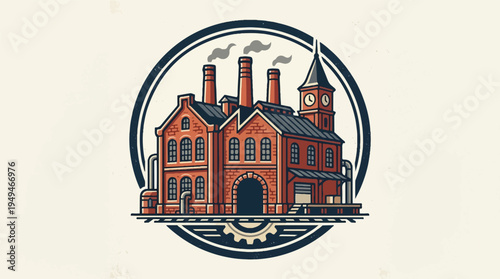 Vintage Industrial Factory Building with Clock Tower and Smokestacks.