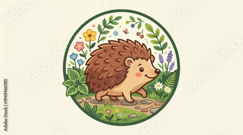 Cute Hedgehog in a Lush Floral Garden.