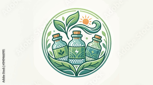 Three bottles with natural ingredients and leaves in a circular emblem symbolizing organic products and wellness.