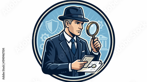 Vintage Detective with Magnifying Glass and Notepad Investigating.