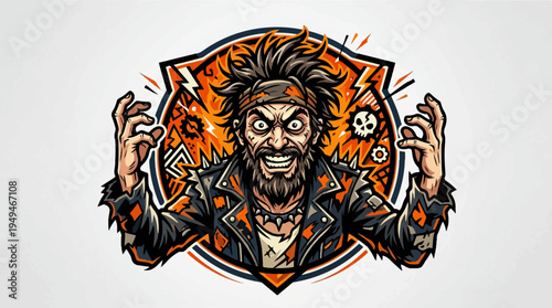 Intense rock and roll musician with wild hair and beard.