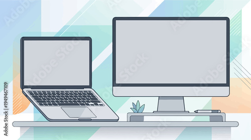 Laptop and desktop computer setup on a shelf.