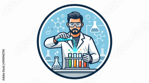Male scientist in lab coat pouring liquid into test tubes.
