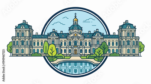 Historic Palace with Grand Architecture and Reflecting Pool Illustration.