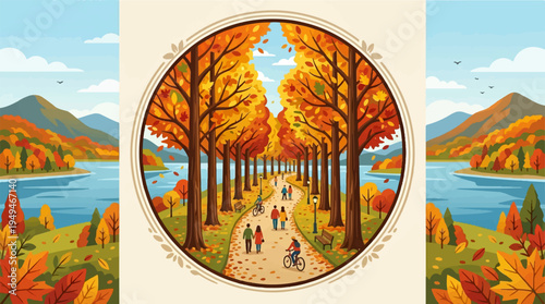People walking on an autumn treelined path in a circular frame.