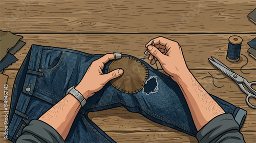 Hands mending torn jeans with needle and thread.