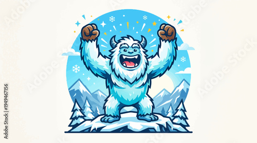 Excited Yeti Celebrating in a Winter Wonderland.