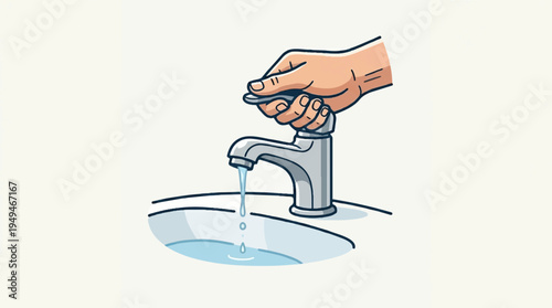 Hand turning off a dripping water faucet in a sink.