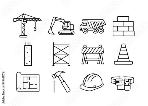 Construction site elements: tower crane, excavator machine, dump truck, stack of bricks, concrete column, scaffold tower, construction barrier fence, traffic safety cone, blueprint