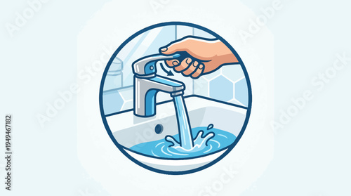 Hand turning on a water faucet in a bathroom sink illustrating water usage and conservation.