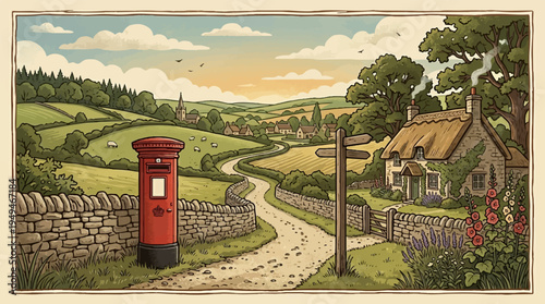 Traditional Red British Post Box in Rural Setting.