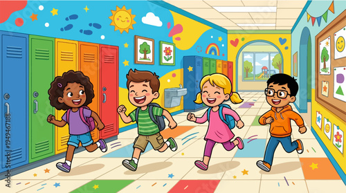 Four diverse elementary school children joyfully running in a vibrant hallway.