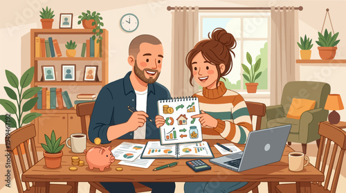 Happy couple planning future home and family life together.