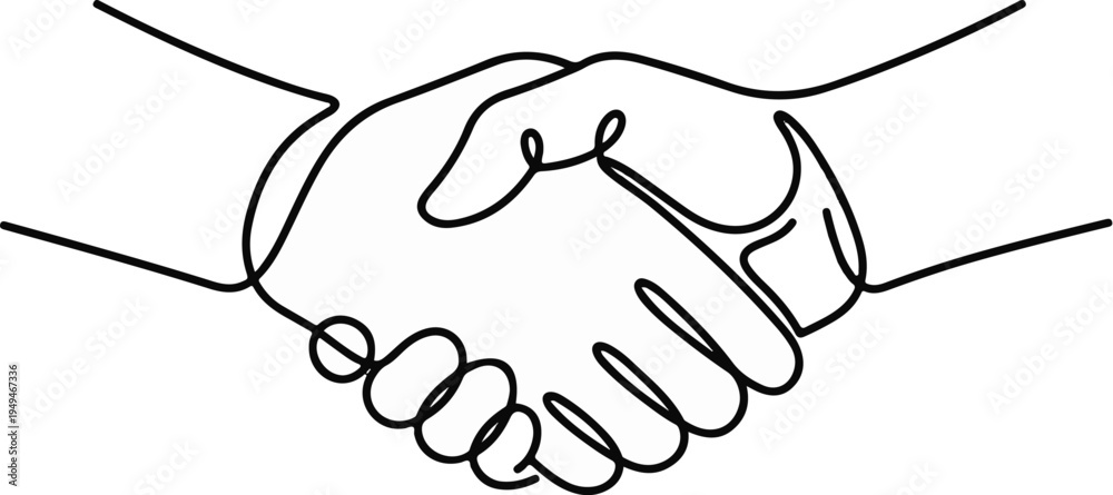 Fototapeta premium Continuous line drawing of two hands shaking symbolizing agreement and partnership.