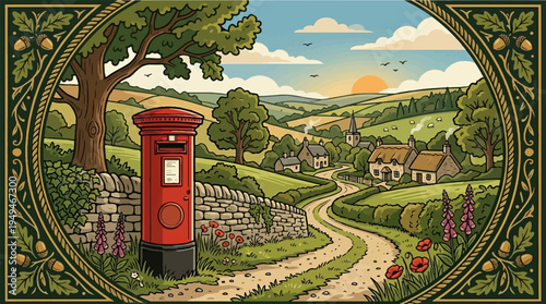 Vibrant Red British Post Box in Rural Setting.