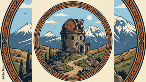 Ancient observatory building nestled in a mountainous landscape.