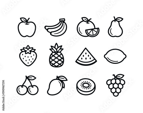 Fresh fruits collection: apple fruit, banana bunch, orange fruit, pear fruit, strawberry berry, pineapple fruit, watermelon slice, lemon fruit, cherry pair, mango fruit, kiwi slice