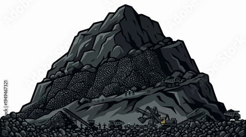 Massive dark mountain with rugged terrain and small figures at its base.