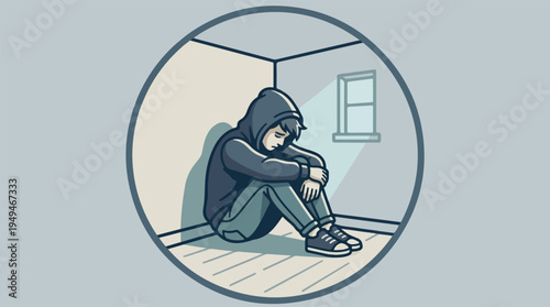 Depressed young person sitting alone in a corner feeling sad and isolated.