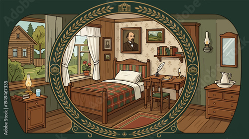 Cozy Bedroom Interior with Vintage Decor and Ornate Frame.