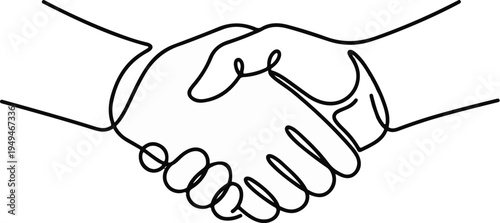 Continuous line drawing of two hands shaking symbolizing agreement and partnership.