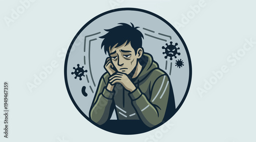 Tired man with dark circles under eyes feeling unwell and stressed.