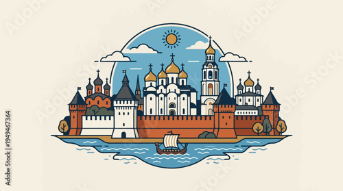 Historic Russian Kremlin and Cathedral Complex with River and Boat.