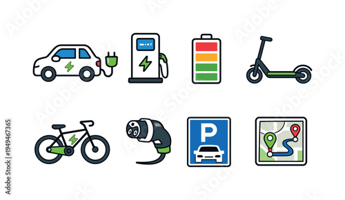 Electric mobility transport: electric car with plug, charging station pillar, battery charge indicator, electric scooter side view, city bike, charging cable plug, parking sign