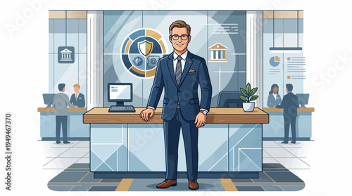 Confident Male Banker in Suit Standing at Bank Counter.