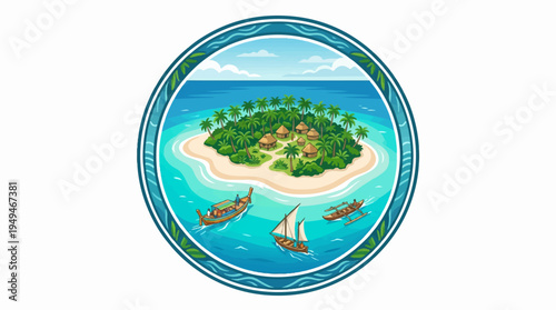 Tropical Island Paradise with Boats in a Circular Frame.