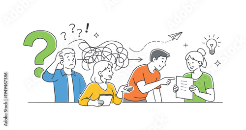 A workplace decision making moment where a small team struggles to understand complex information and unclear instructions during a project discussion, visual metaphor of a large