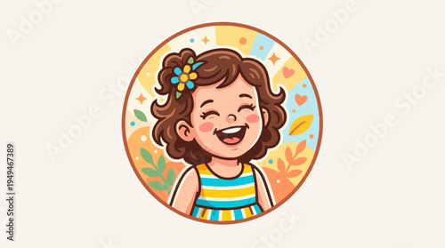 Joyful Young Girl with Curly Hair and Flower Laughing Happily.