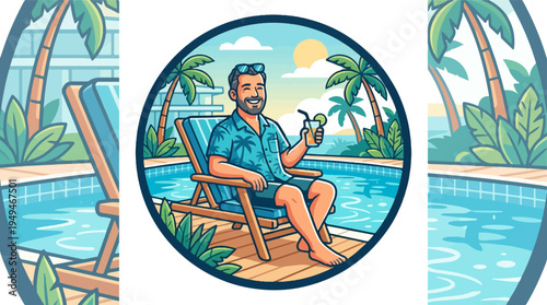Man enjoying a tropical vacation by the pool holding a refreshing drink.