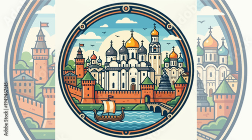 Vibrant illustration of the Moscow Kremlin and St Basils Cathedral showcasing Russian architectural heritage.