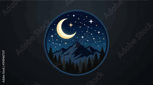 Night Sky Mountain Landscape with Crescent Moon and Stars.