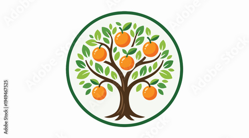 Vibrant orange tree with lush green leaves in a circular emblem.