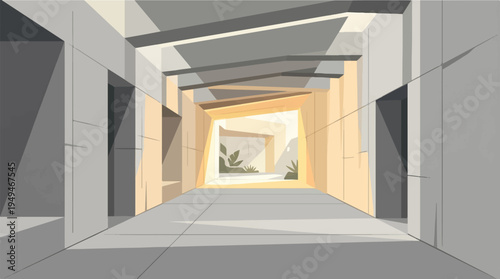 Modern architectural hallway with abstract light and shadow play.