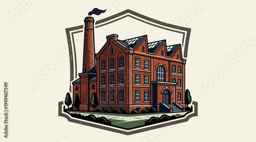 Vintage Industrial Factory Building with Tall Chimney and Smoke.
