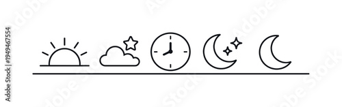 Natural day night cycle and daily time progression supporting healthy routines, sleep balance, and structured daily schedules, sun, moon, star, cloud, and clock, peaceful rhythm