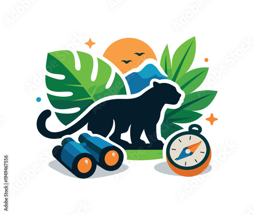 Exotic jungle landscape focused on wildlife observation and tropical adventure, a leopard silhouette paired with broad jungle leaves forming a clear visual metaphor for exploring