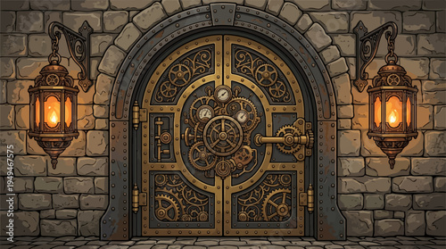 Intricate Steampunk Door with Gears and Ornate Details.