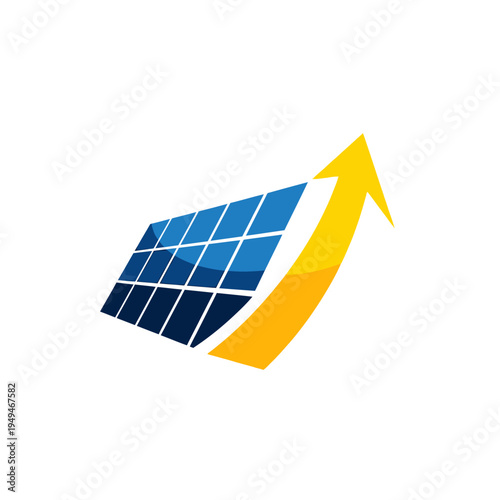 Solar Panel Array with Ascending Arrow Logo, Growth and Efficiency in Renewable Energy isolated white background.