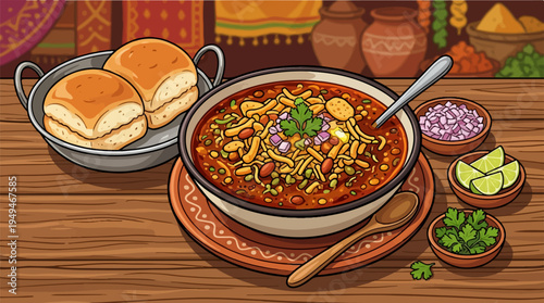 Misal Pav a traditional spicy Maharashtrian breakfast dish served with bread rolls.