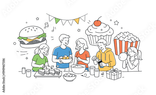 A casual celebration planning scene where people prepare snacks and treats for a friendly event and social gathering, illustrated through a visual metaphor of doodle style food