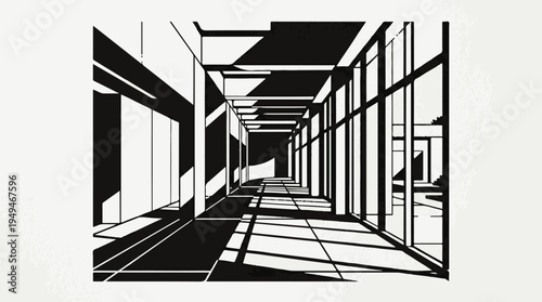 Monochromatic architectural hallway with strong light and shadow contrast.