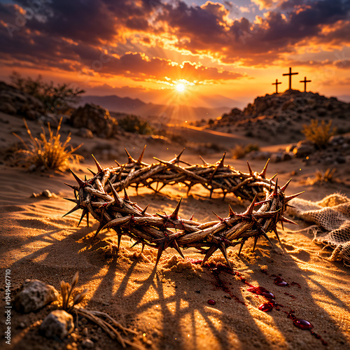 A crown of thorns with blood sits on the sand at sunrise as three crosses stand on a hill for good friday and jesus christ